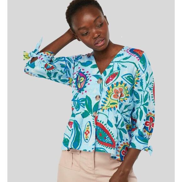Hester & Orchard Linen Blend Floral Button Front Blouse Women’s Large Multicolor - Picture 1 of 9